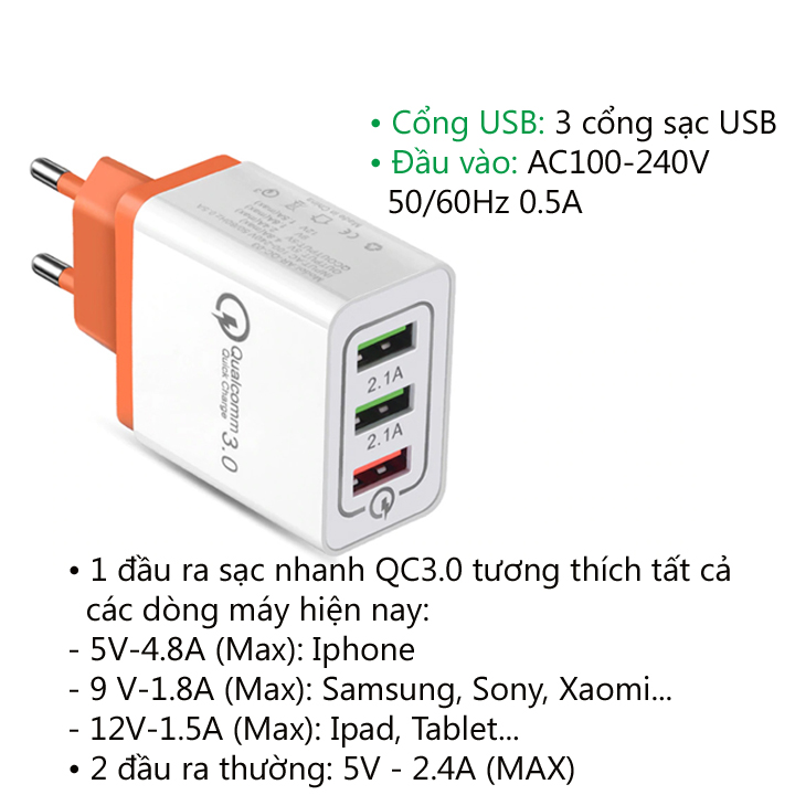 Củ Sạc Nhanh 3 Cổng Qualcomm Quickcharge 3.0 kèm dây sạc chuyên dụng cho mọi thiết bị - Màu ngẫu nhiên