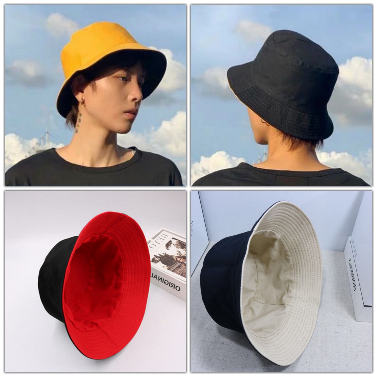 Mũ Tai Bèo Bucket Trơn - 2 Mặt - Vàng - Đen