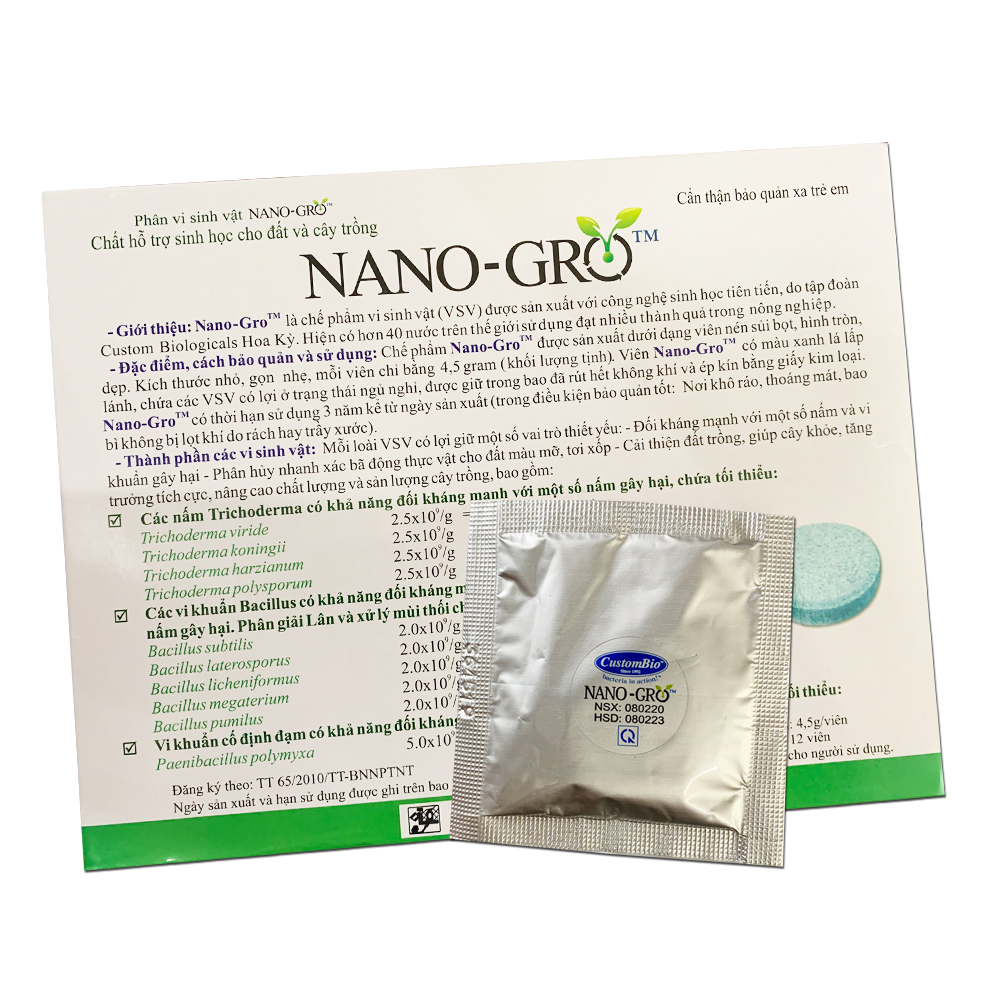 1 viên Phân bón vi sinh NANO-GRO. Chứa hàng tỷ bào tử vi nấm đối kháng trichoderma bacillus