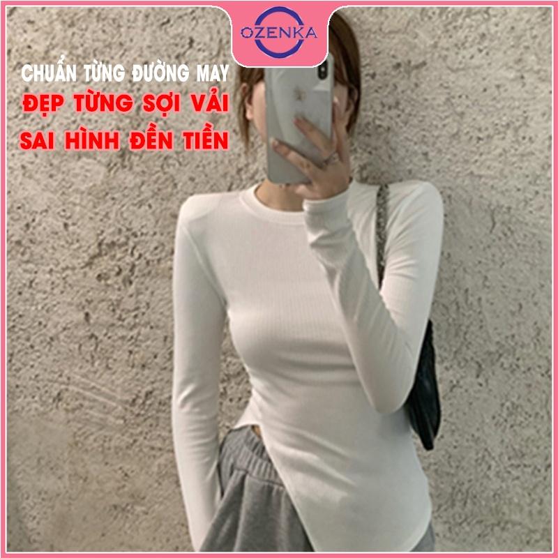 Áo thun croptop nữ tay dài sẻ gấu , ao crt ôm body phong cách Hàn Quốc chất cotton lụa màu đen trắng dưới 52 kg