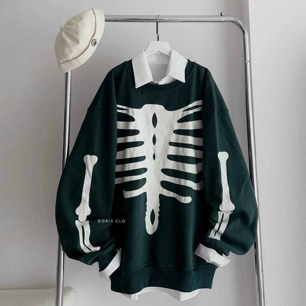 Áo Sweater Nỉ Bông Họa Tiết In Bộ Xương Form Rộng Unisex Nam Nữ Ulzzang