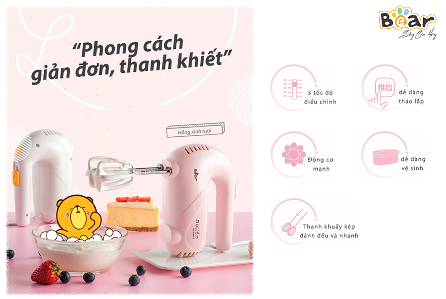 Máy Đánh Trứng, Đánh Bột Cầm Tay BEAR DDQ-A01G1 5 Tốc Độ Công Suất 125 W - Hàng Chính Hãng