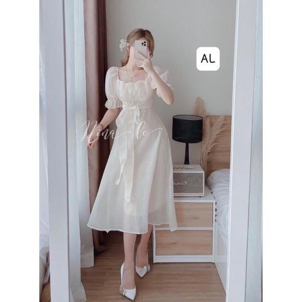 Đầm nữ Tiểu Thư Cổ Nhúm Cộc Tay Vải Voan 2 Lớp Dáng Dài Q092