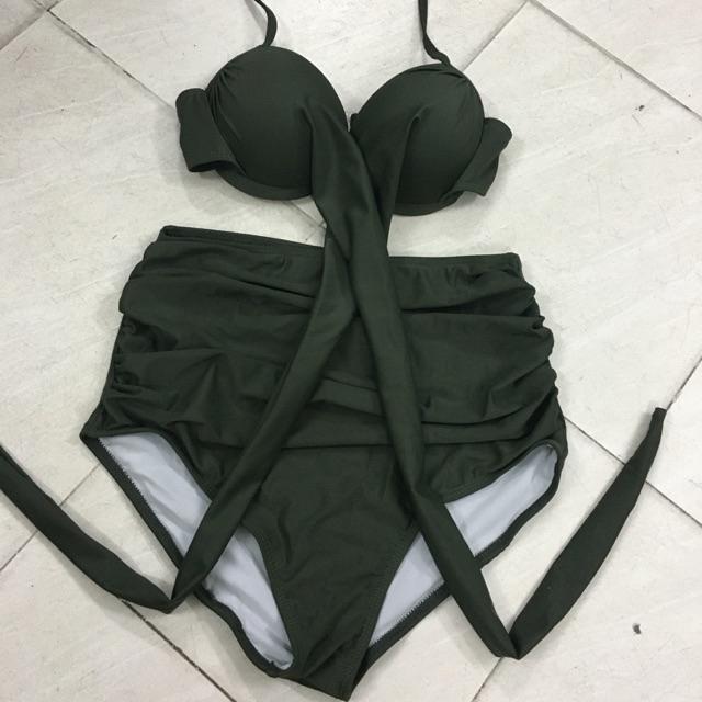 Bikini rêu cạp cao