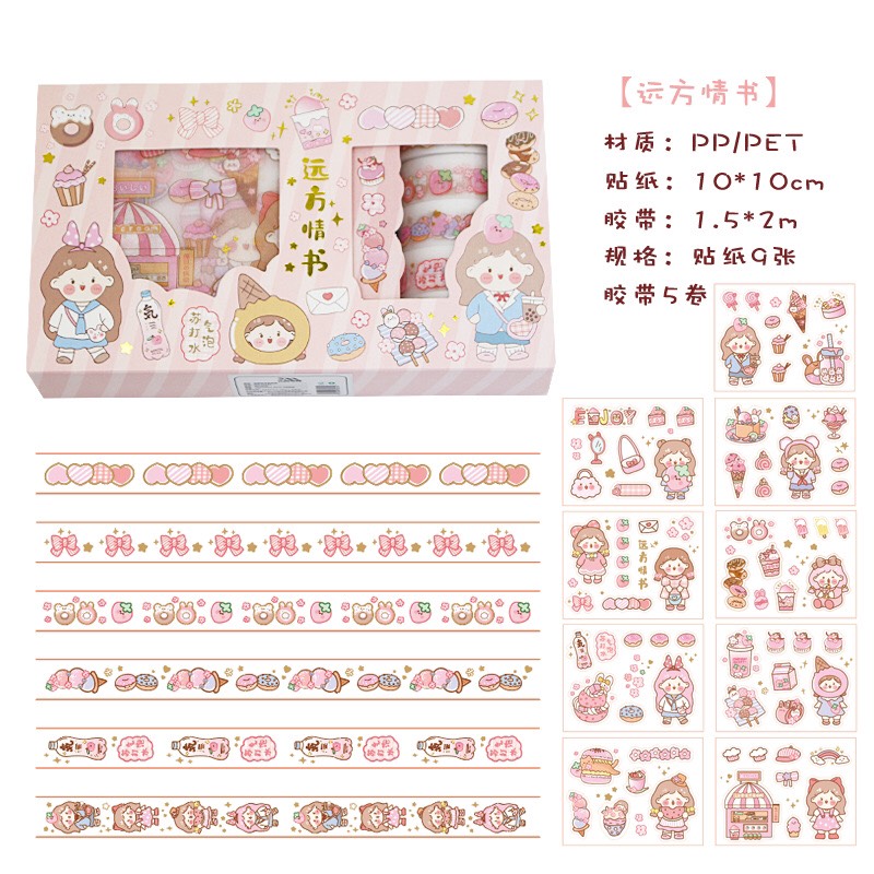 Hộp Washi Tape Trang Trí Sổ Tay set 5 Cuộn Băng Dính Và Bộ Hình Dán Sticker Siêu Kute