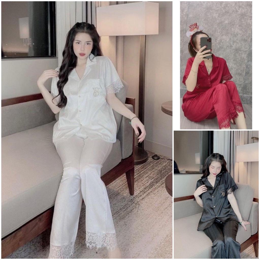 Bộ đồ ngủ chữ VS, Bộ đồ pizama mặc nhà Tay Cộc Quần Dài Lụa Xước Phối Ren cao cấp HHC Store