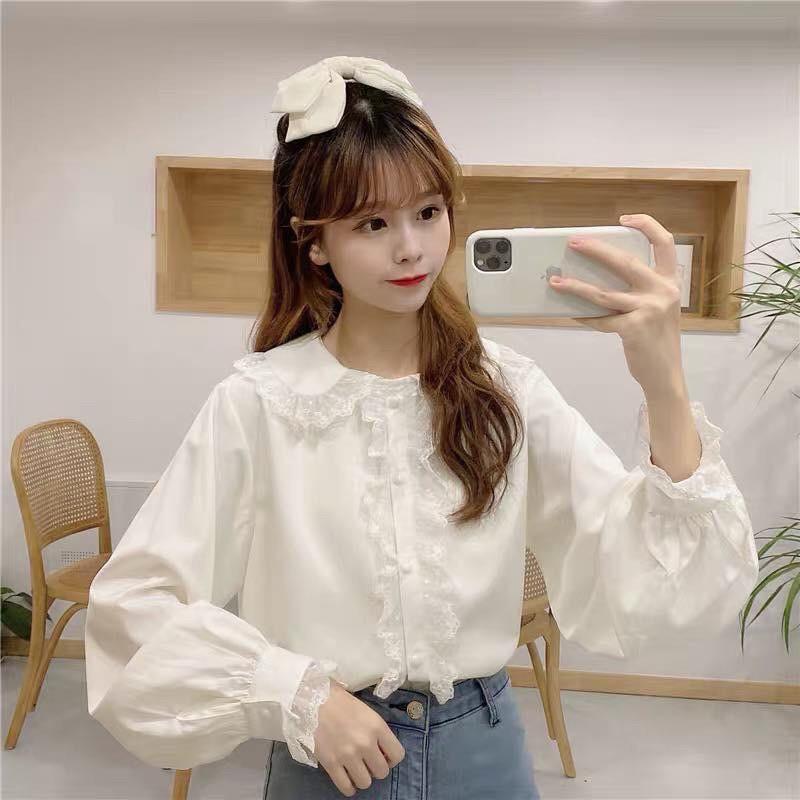 Áo somi cổ sen bèo ren trắng