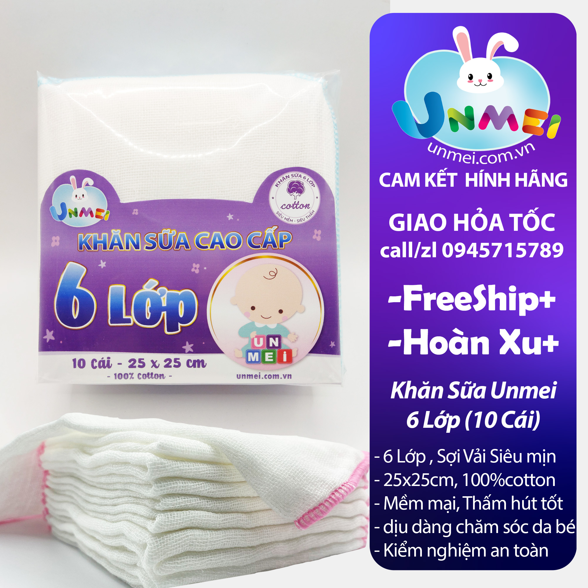 Khăn Sữa 4 Lớp Unmei Xuất Nhật Bịch 10 Cái 25X25Cm 100 Cotton Mềm Mại Thấm Hút Tốt - 6 Lớp 25X25Cm