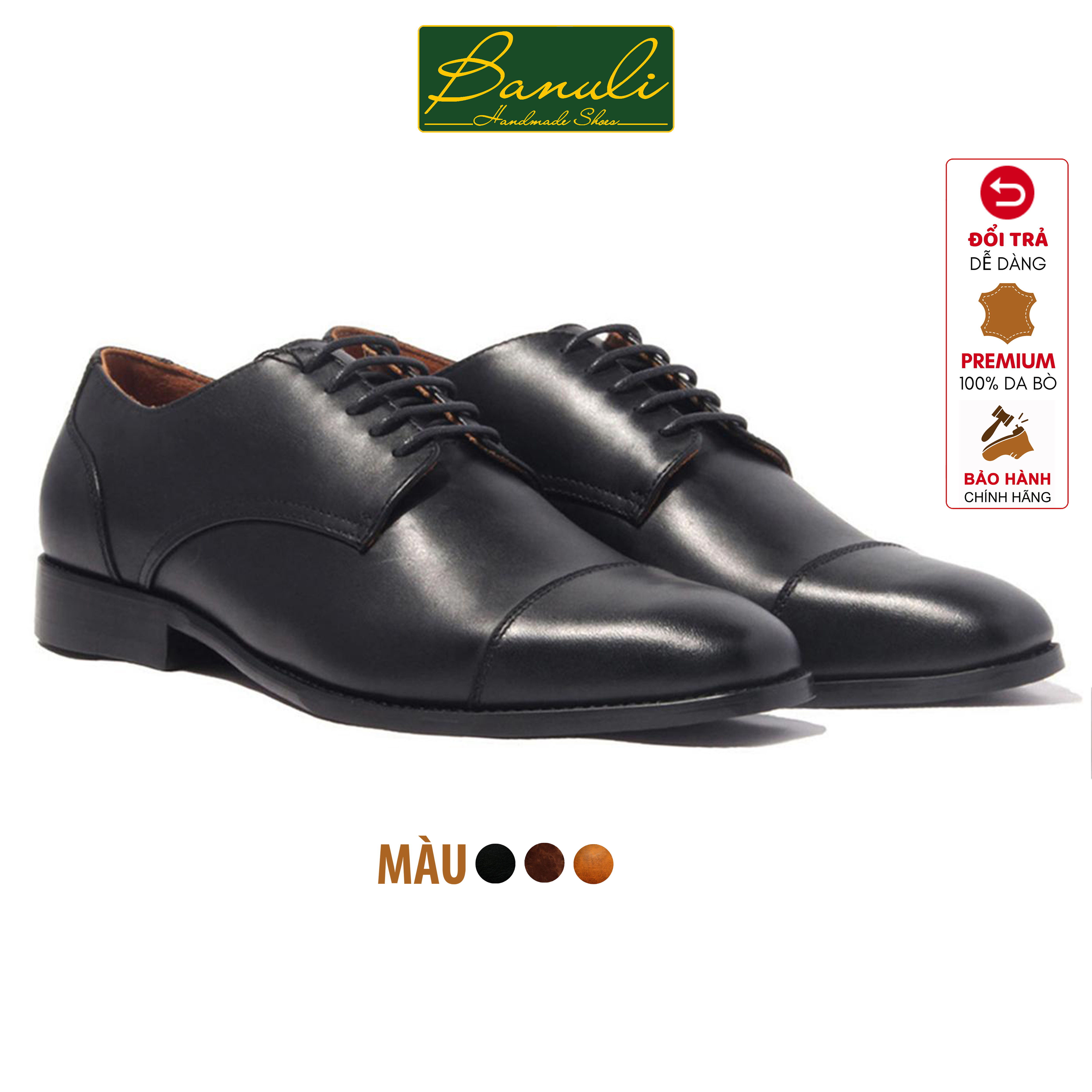 Giày Tây Nam Công Sở Banuli Da Bê Italian Dây Buộc Cap Toe Derby H1CD1 (Da Veg Itali Mềm Dẻo, Đế Siêu nhẹ, Bảo Hành Trọn Đời)