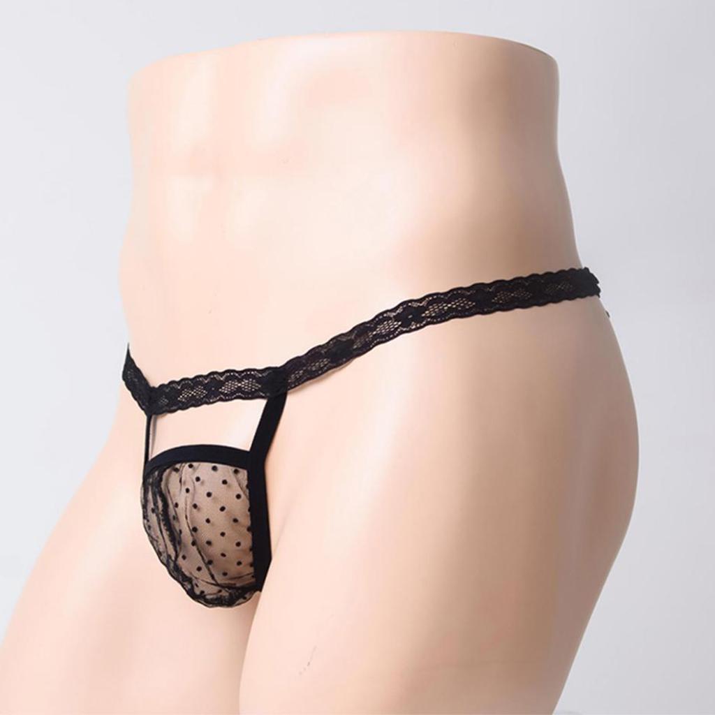 2xMen Sheer Mesh Lace Bulge Pouch T-back Thong Brief G-string Underwear Black