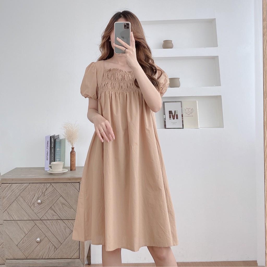 Váy suông cổ vuông chạy chun ngực, tay bo phồng, đầm xuông rộng freesize mã V169 - Michi's House