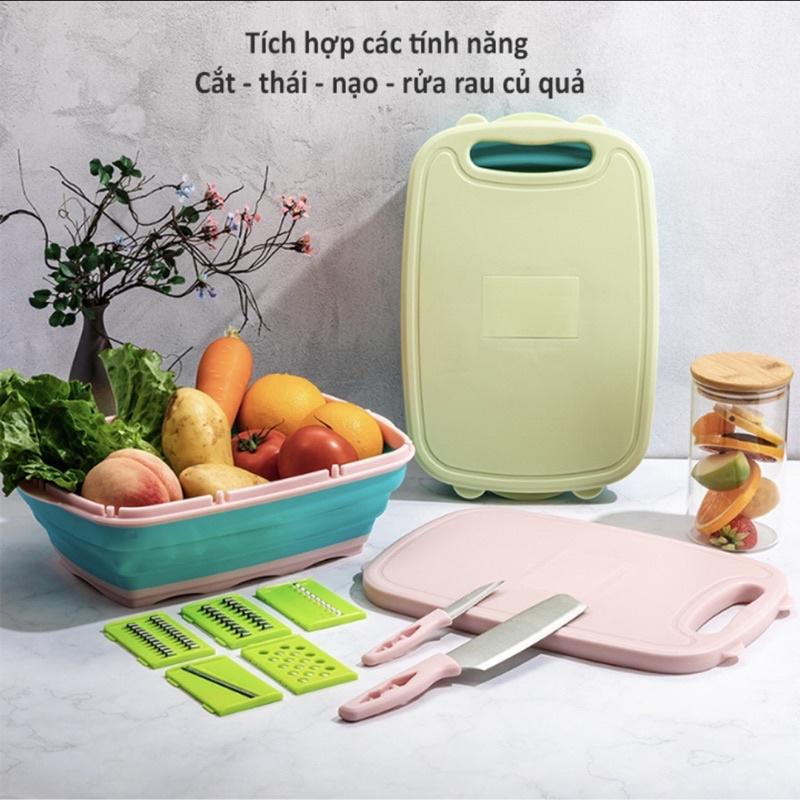 Bộ Dụng Cụ Nhà Bếp Thớt , Rổ , Dao , Nạo Đa Năng 9 Món Gấp Gọn Thiết Kế Sang Trọng Tiện Lợi