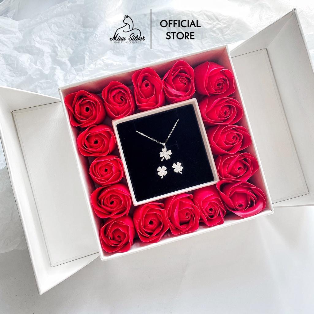 Bộ 2 món dây chuyền, khuyên tai, lắc tay Miuu Silver, quà tặng sinh nhật, valentine đựng trong hộp quà hoa hồng