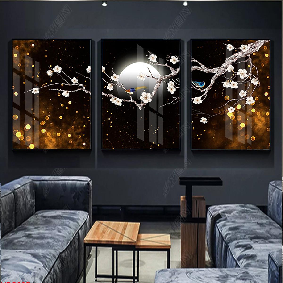 Tranh Tráng Gương Pha Lê Treo Tường Hiện Đại _ Tranh Bộ 3 Hoa Đào Dưới Ánh Trăng