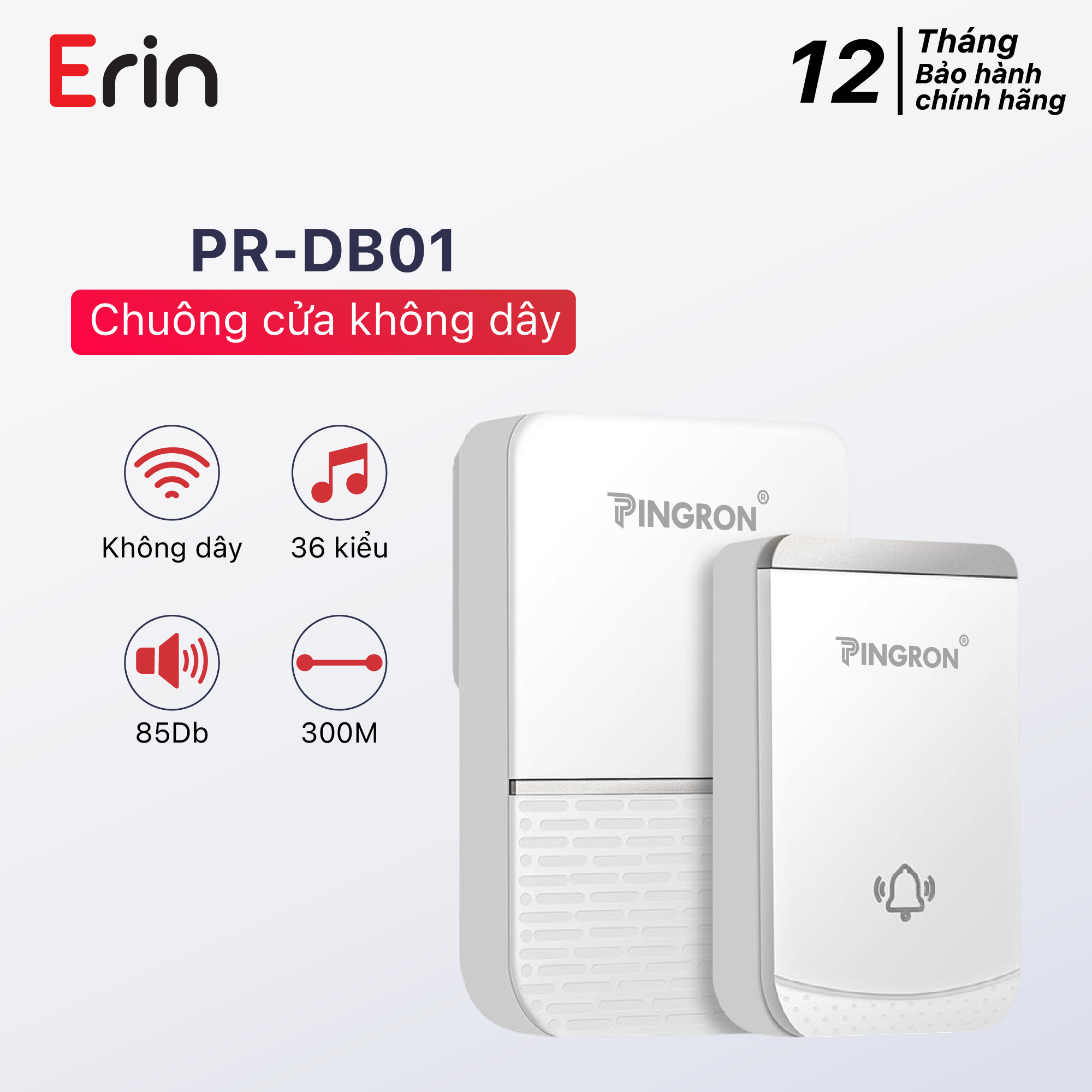 Chuông cửa không dây chuông báo khách không dây PINGRON PR-DB01 - Âm thanh 85Db, điều chỉnh 4 mức âm lượng, khoảng cách 300M