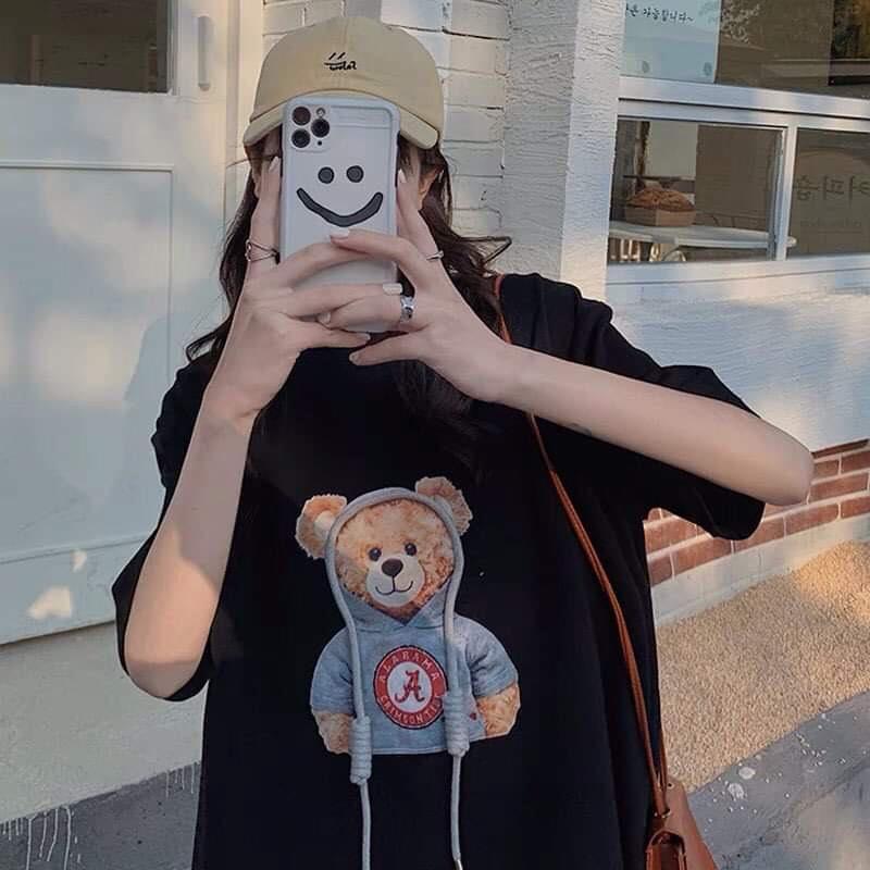 Áo Thun Nữ From Rộng Unisex Hình Gấu Đội Mũ in 5D Nét Căng, Áo Phông Form Rộng Nữ