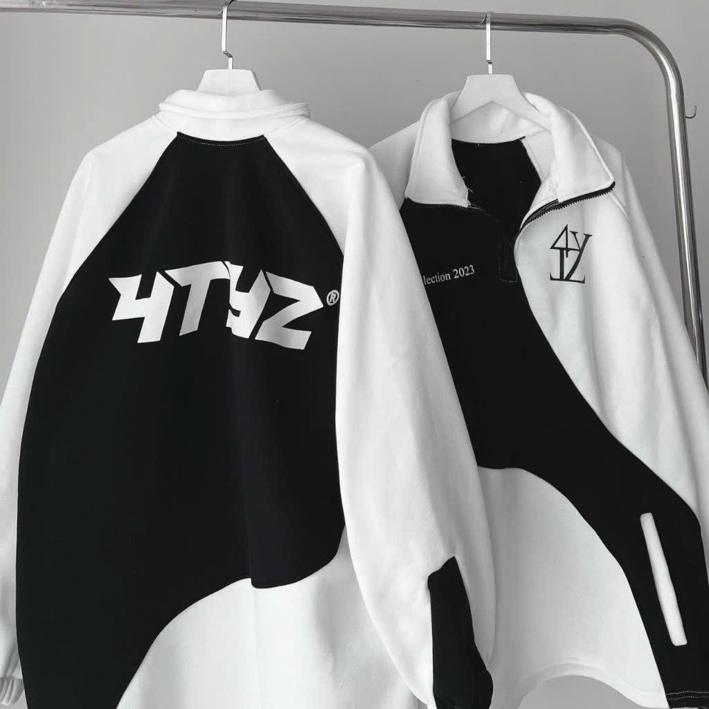 Áo khoác hoodie nỉ in chữ TYZ Form rộng dây kéo ở cổ phối thân dây rút lai chống nắng tốt