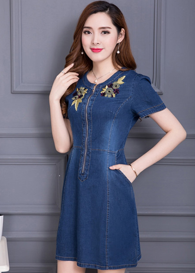 ĐẦM JEAN PHỐI KÉO THÊU HỌA TIẾT