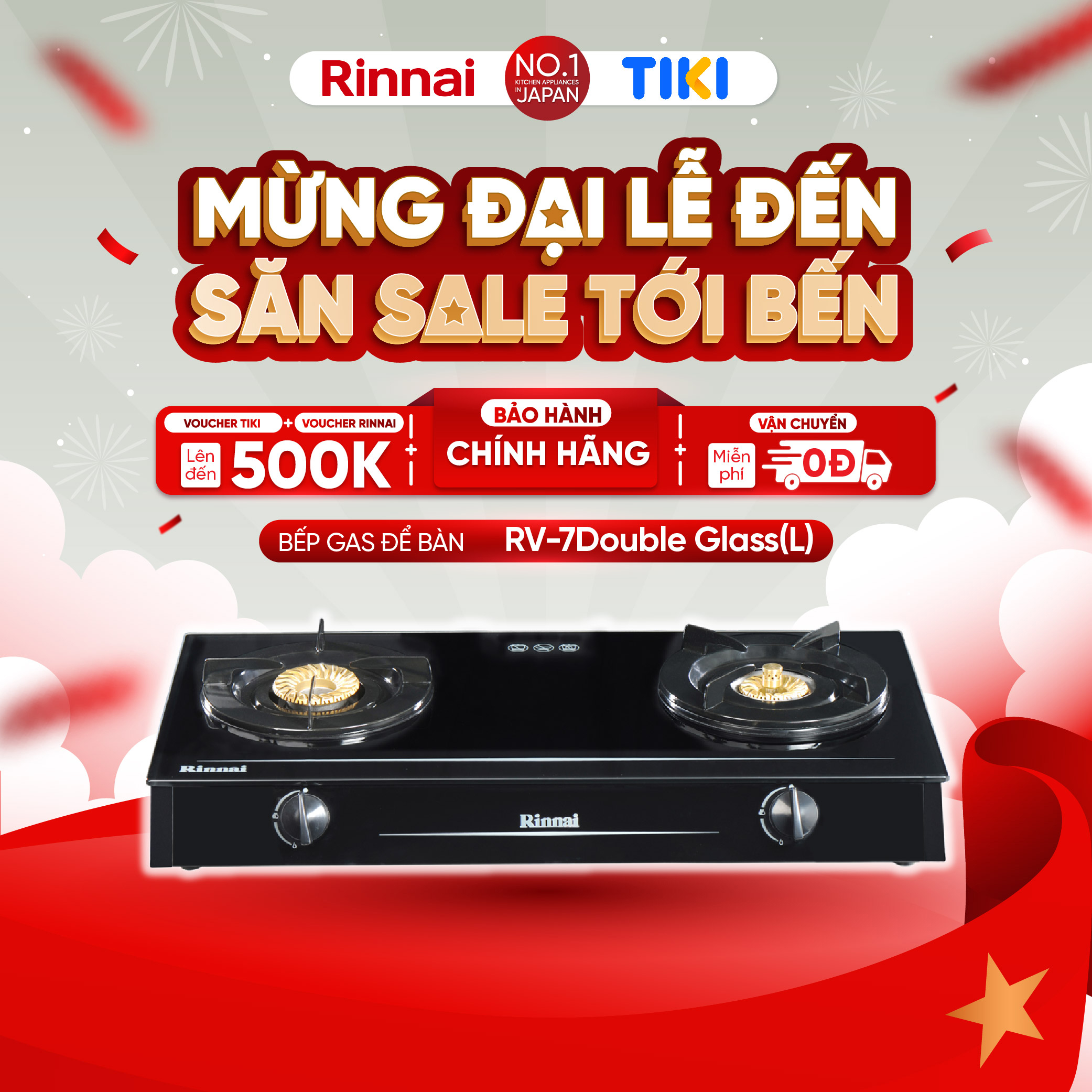 Bếp gas dương Rinnai RV-7Double Glass(L) mặt bếp kính và kiềng bếp men - Hàng chính hãng.
