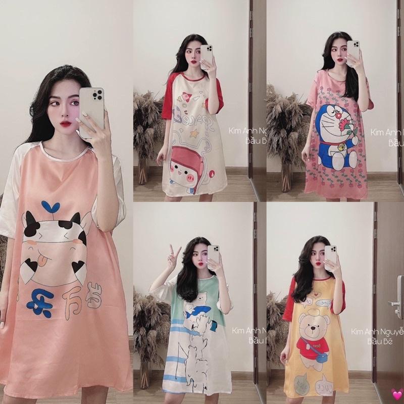 Váy Ngủ Lụa Hình Cute Tay Lỡ Có Ảnh Thật Kèm Video