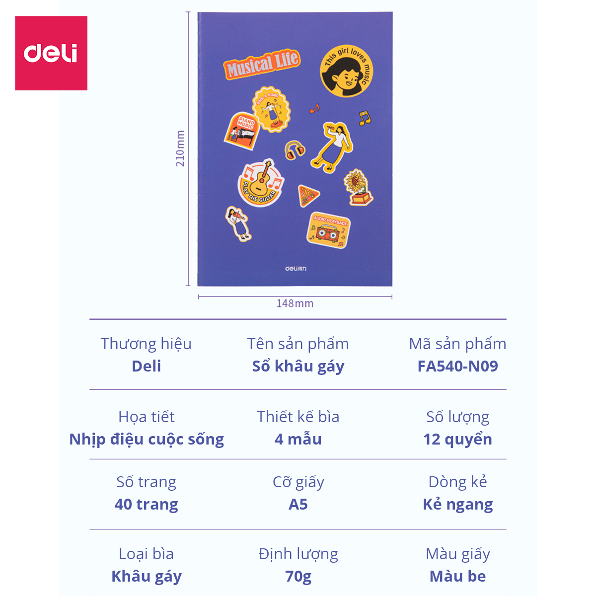 Sổ tay ghi chép khâu gáy A5 80 trang 70gsm Deli - Nhiều màu - Phù hợp làm sổ kế hoach planner, viết nhật kí, sử dụng như tập vở học sinh - FA540