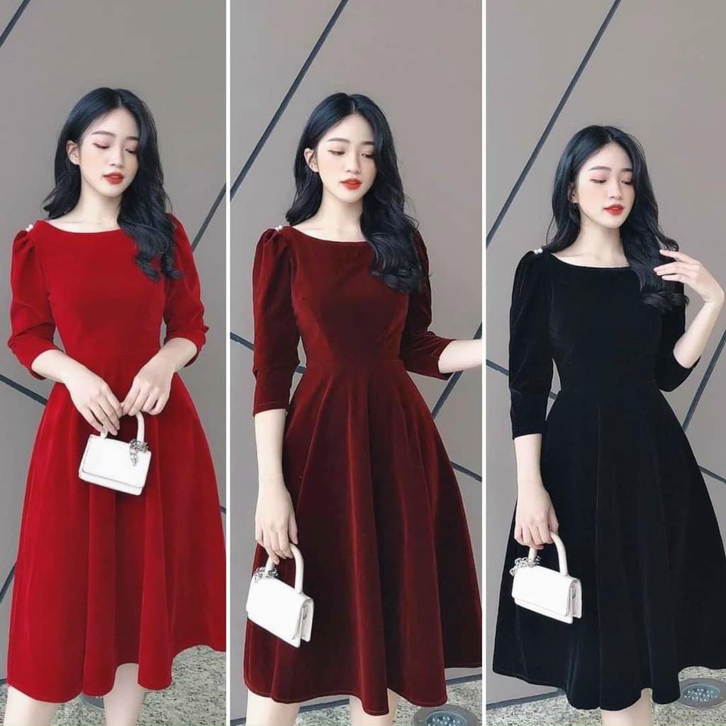 Váy nhung xòe, váy đầm thiết kế sang chảnh cổ thuyền khuy trai tay dài