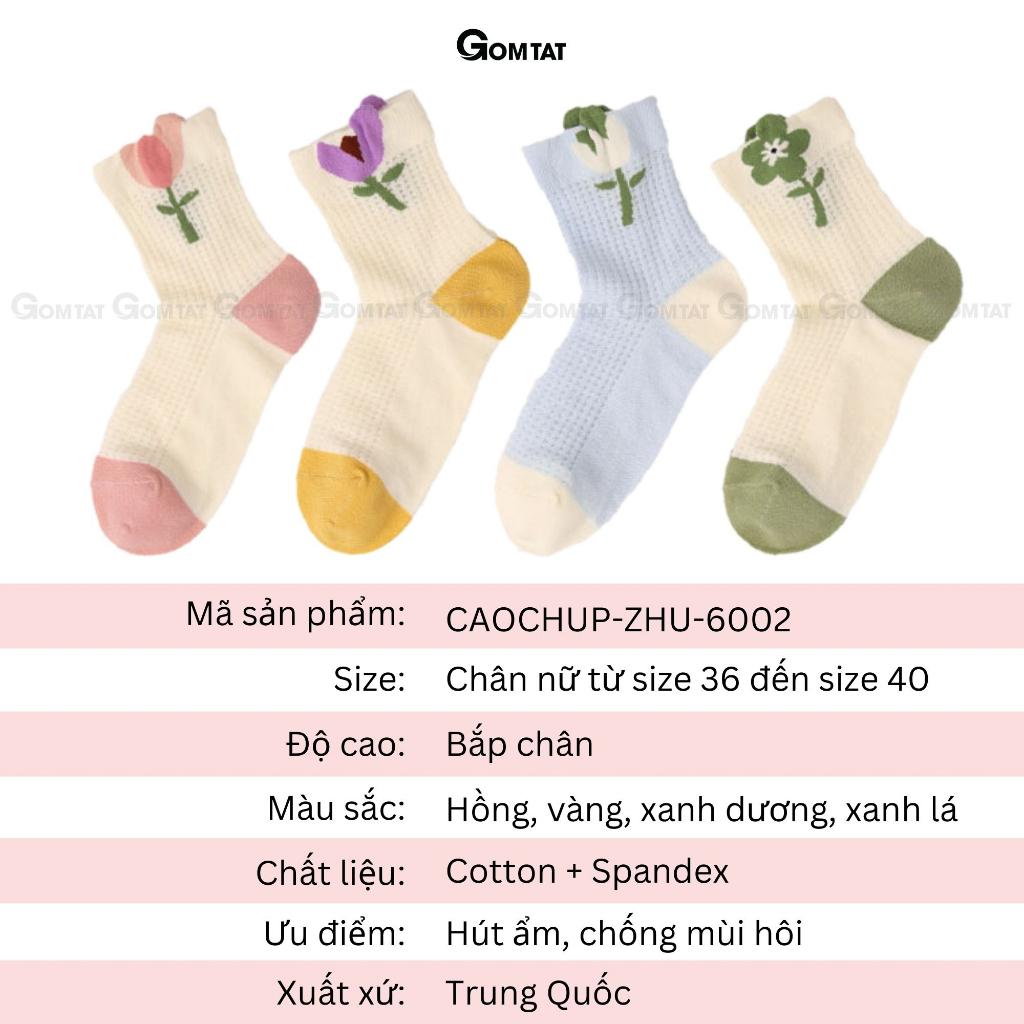 Tất nữ cổ trung họa tiết bông hoa dễ thương, vớ cổ lửng nữ chất liệu cotton cao cấp mềm mại - CAOHOA-ZHU-6002-1DOI