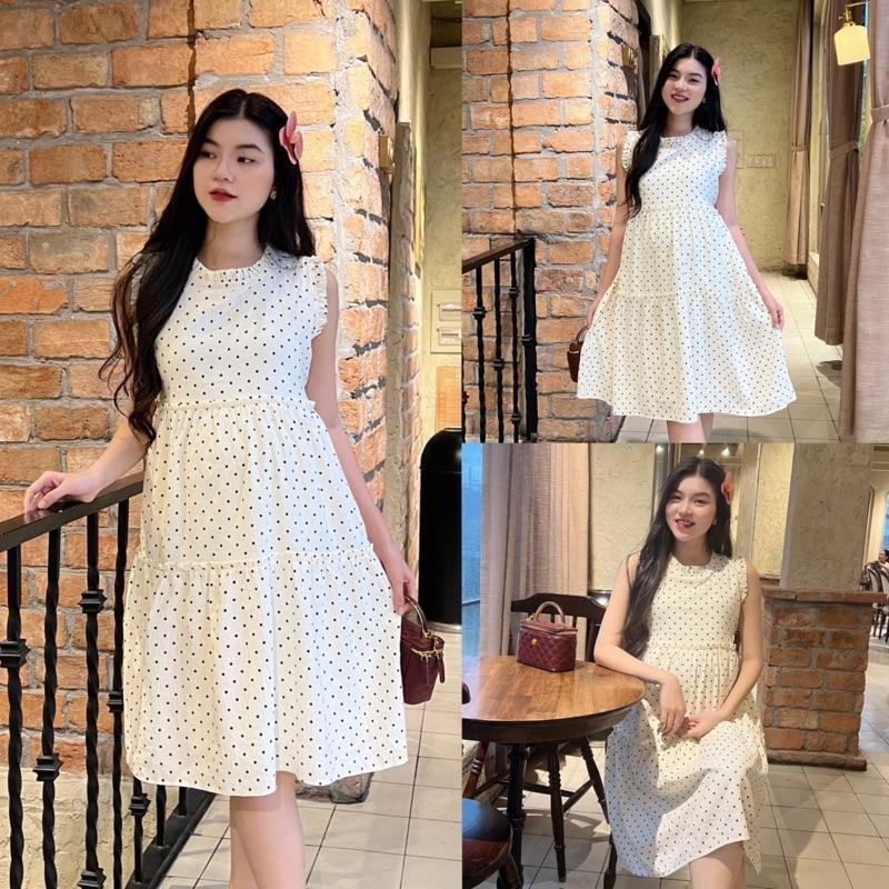 Đầm bầu chấm bi cổ xếp bèo phối tùng liền dễ thương  chất cotton Hàn ( 2 lớp ) - Trắng kem