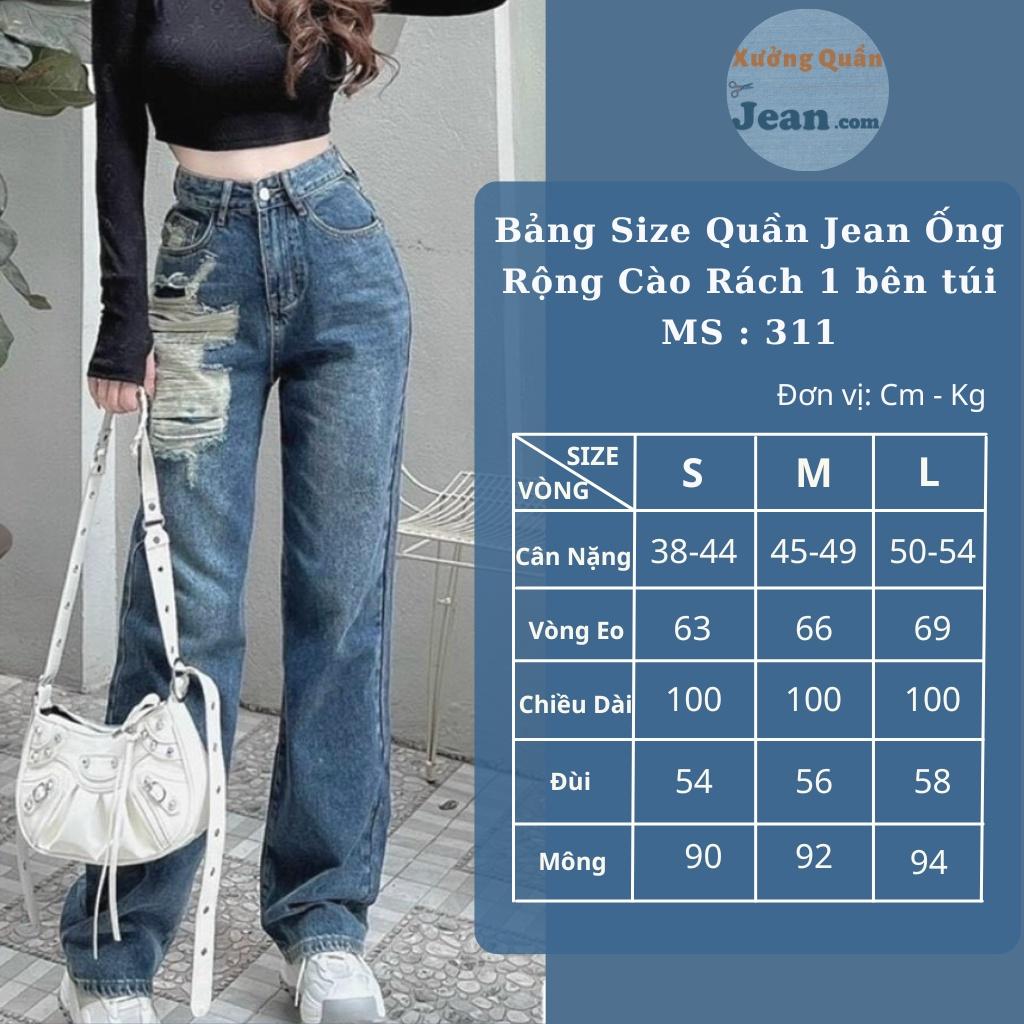 Quần Jeans Nữ Ống Rộng Cào Rách 1 Mảng Bên Túi, Quần Bò Ống Rộng Rách Lưng Cao Xanh Đậm Siêu Phá Cách 311