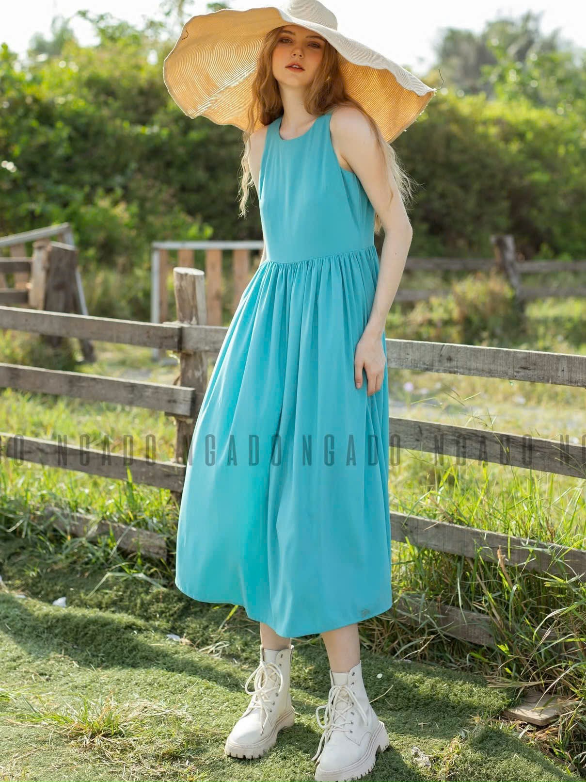 Đầm xanh babydoll sát nách NGADO , đầm nữ , đầm thời trang , váy đi biển