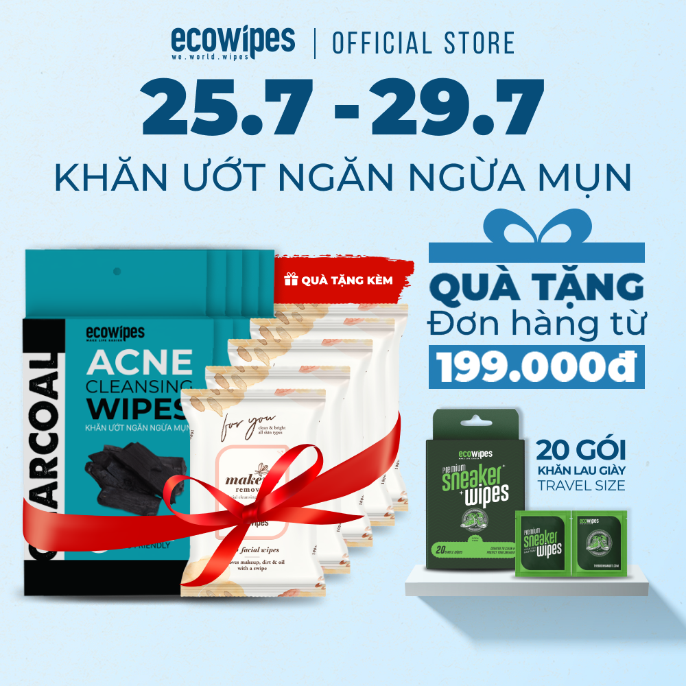 Combo 5 hộp 10 gói khăn giấy ướt ngừa mụn than hoạt tính Charcoal Anti Acne Cleansing Wipes gói 15 tờ an toàn cho da