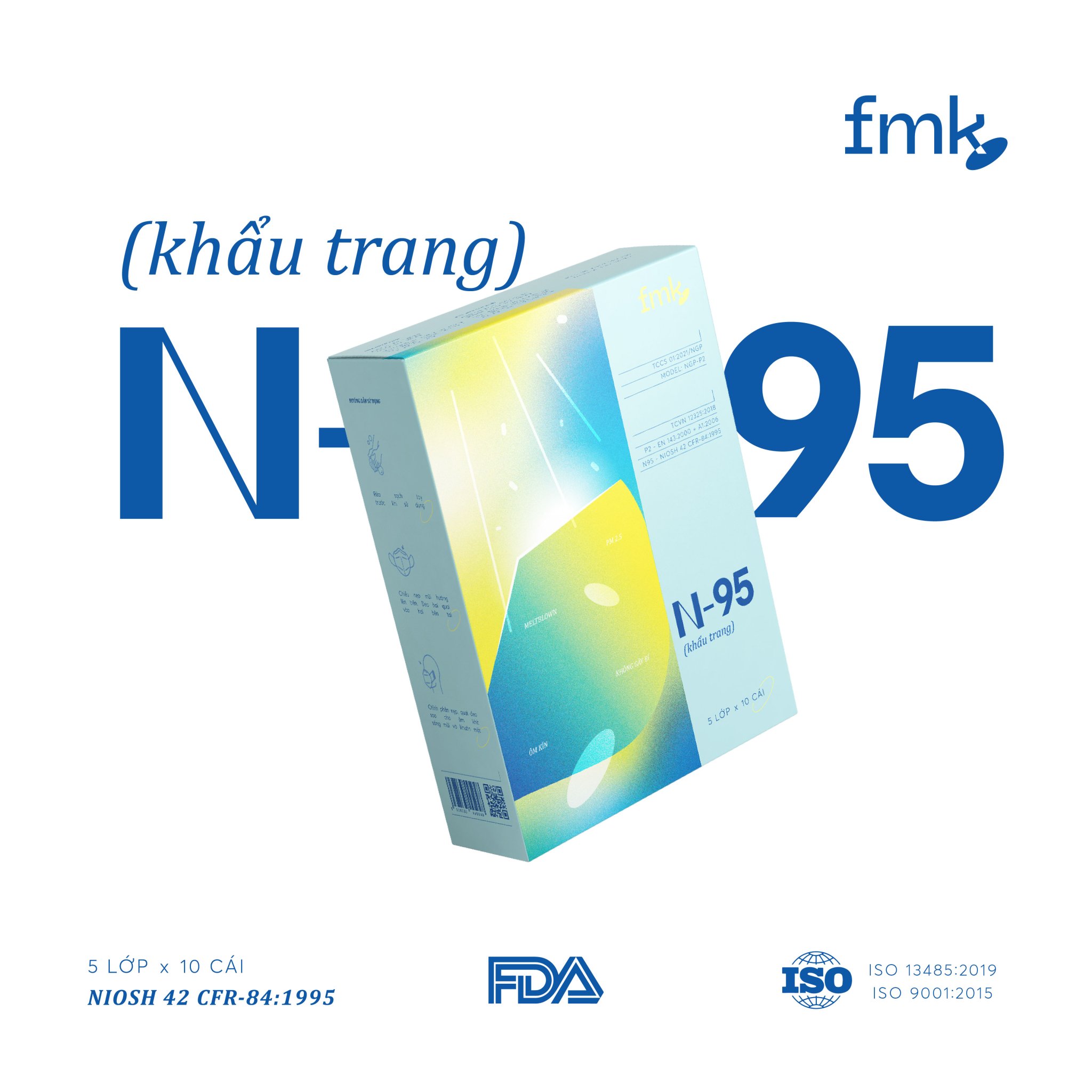 Khẩu trang N95 kháng khuẩn cao cấp - 5 lớp bảo vệ tối ưu - Thương hiệu FMK - Best Seller tại Nhật - Đạt tiêu chuẩn NIOSH 42 CFR 84