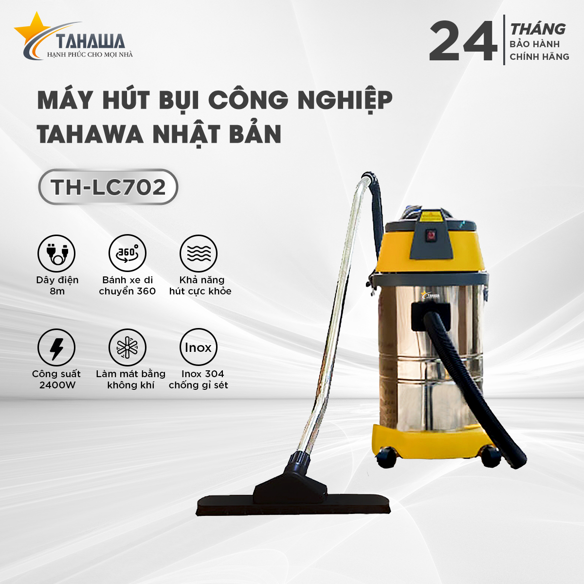 Máy hút bụi công nghiệp TAHAWA TH-LC702 Máy hút bụi cầm tay Chức năng hút mạnh mẽ, thích hợp cho các diện tích sàn lớn như nhà xưởng, công ty hay văn phòng.