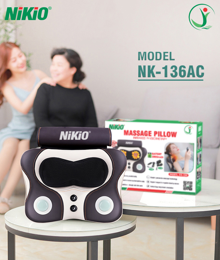 Máy (gối) massage đấm và xoa bóp lưng cổ vai gáy Nikio NK-136AC - Dùng được trên ô tô, 3 chế độ mát xa hỗ trợ trị đau nhức mỏi