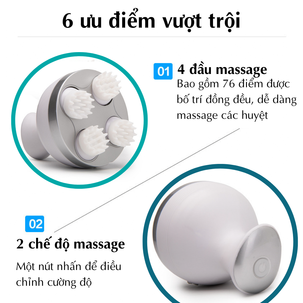 Máy massage đầu 3D đa năng CTFAST 01: Dụng cụ mát xa mini thư giãn da đầu hỗ trợ tăng lưu thông khí huyết giảm căng thẳng mệt mỏi, mất ngủ, suy giảm trí nhớ, 4 đầu massage phù hợp với cả người tóc yếu, pin sạc tiện dụng