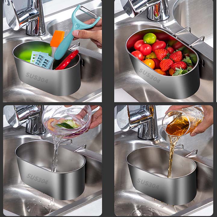 Khay lọc rác lọc đồ thừa gắn vách ngăn chậu rửa bát đôi, làm bằng inox 304
