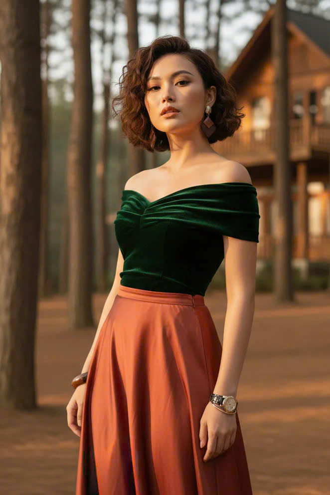 Áo Kiểu Nữ Cao Cấp Áo Trễ Vai Nhung Xanh Thời trang thiết kế Hity TOP115