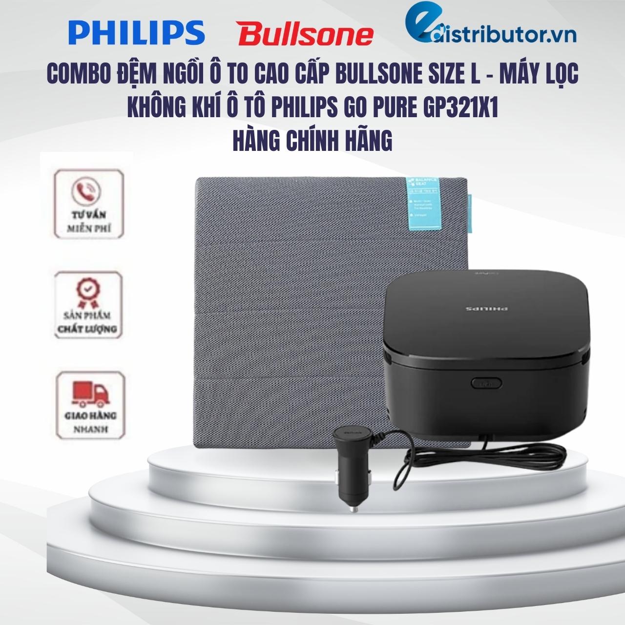 Combo Đệm Ngồi Cao Cấp Ghế Xe Hơi, Văn Phòng Bullsone (Size L)+ Máy Lọc Không Khí Xe Hơi Philips Go Pure GP321X1 - Hàng chính hãng