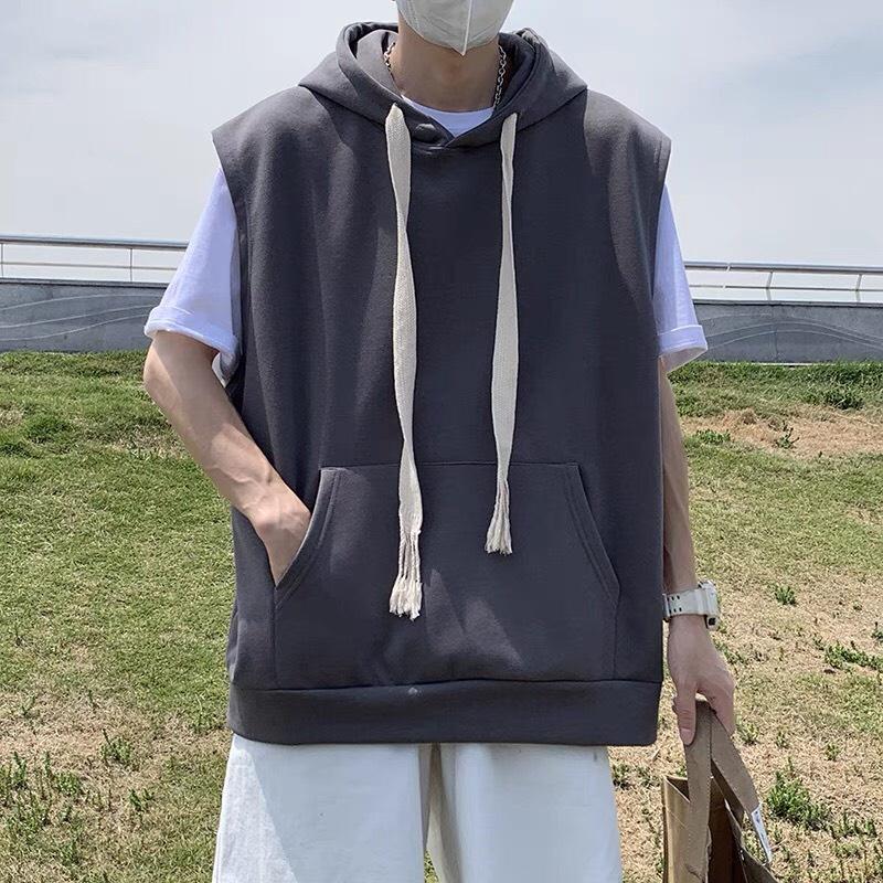 Áo Hoodie form rộng trơn sát nách có mũ trùm đầu phối dây dài Áo HOODIE cổ tròn khồng tay nam nữ đều mặc mùa thu đông