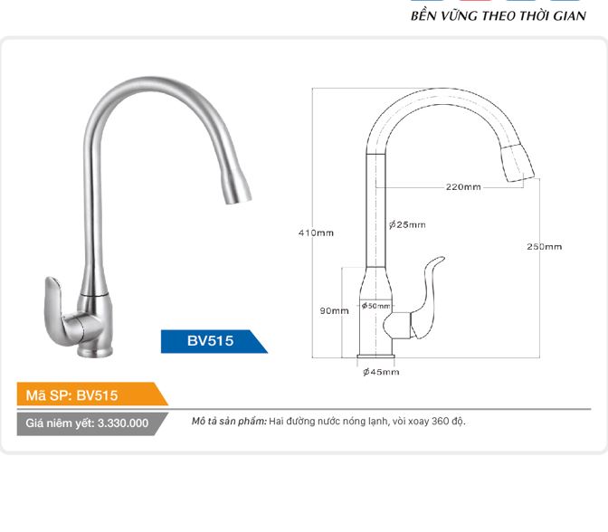 Vòi cố định cổ hình bầu dục xoay 360 độ nóng lạnh inox Tundo Boss BV515 410*45*250 mm