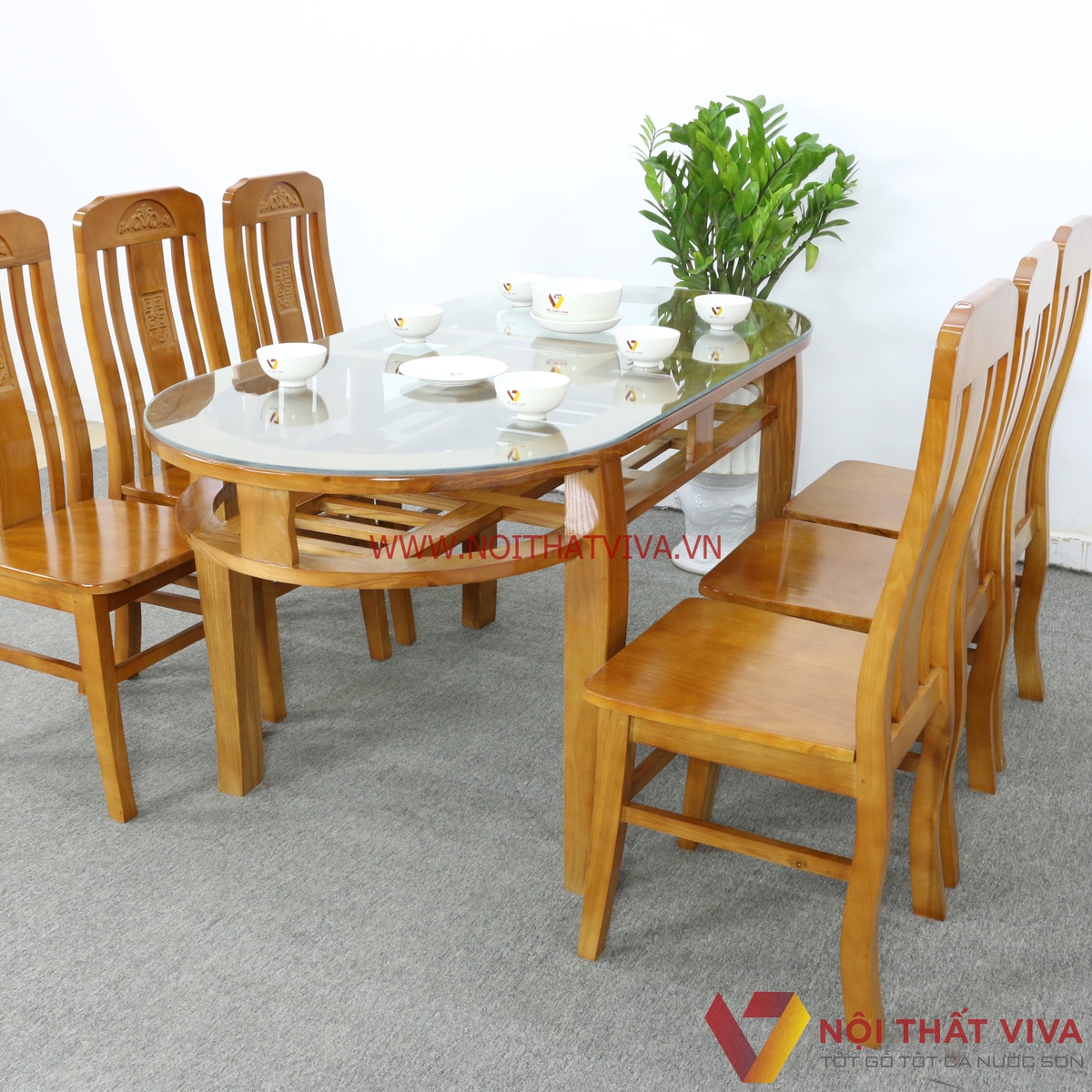 Bộ Bàn Ăn Oval 2 Tầng Gỗ Sồi Màu Cánh Gián