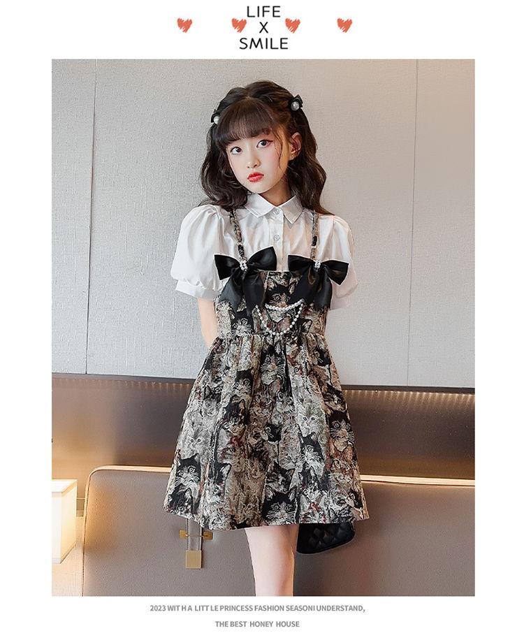 SHUANGYAN Cô gái lớn bé mùa hè phù hợp 2023 tây ăn mặc lưới đỏ trên đầu gối Vintage trẻ em váy ngọt ngào hai mảnh thiết lập
