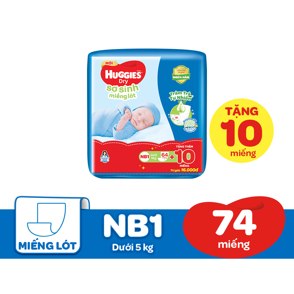 Miếng lót sơ sinh NB1 HUGGIES DRY 64 miếng + 10 miếng