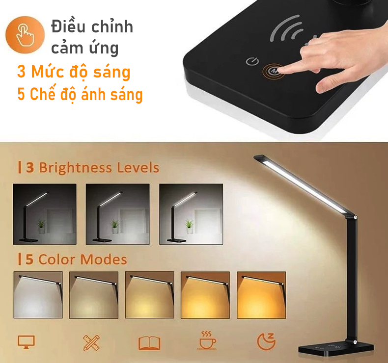 Đèn bàn học đọc sách cảm ứng LED 8W, 5 Chế độ sáng, Có cổng sạc USB 5V.1A