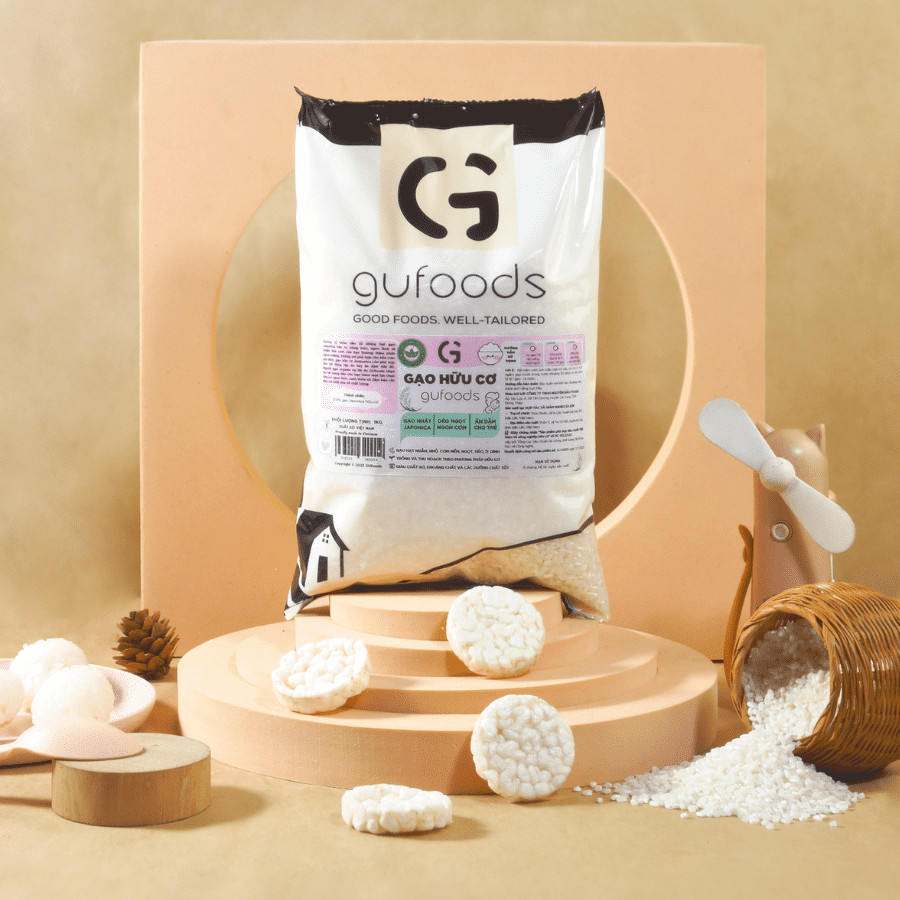 Gạo Hữu Cơ Japonica GUfoods (Túi 1kg) - Ăn Dặm Cho Bé, Làm Sushi / Cơm Cuộn, Dẻo Ngọt Ngon Cơm, Nguyên Liệu Organic