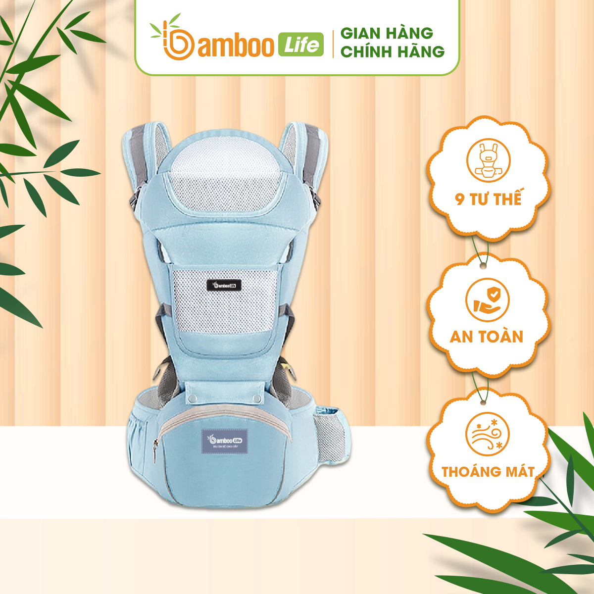 Địu em bé Bamboo Life BL031, địu 4 tư thế có đỡ cổ địu bé sơ sinh 0-36 tháng trợ lực, đa chức năng có ghế chống gù siêu nhẹ cho trẻ em đi xe máy, đi chơi, đi siêu thị an toàn