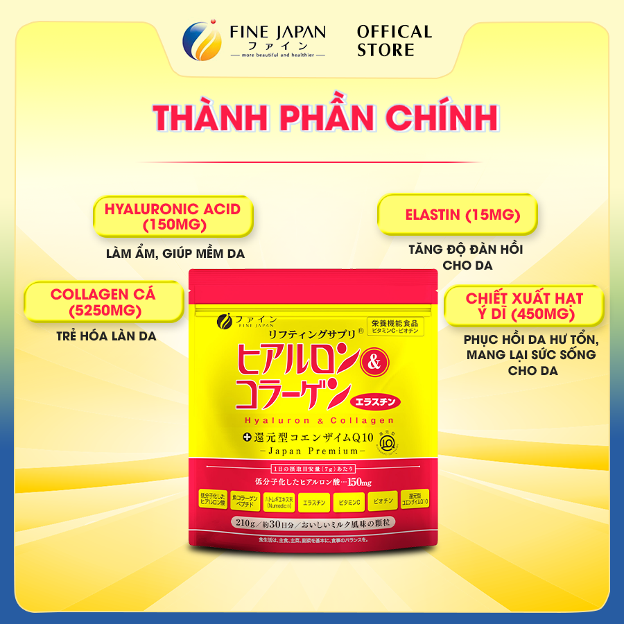 Bột uống Hyaluron & Collagen FINE JAPAN hạn chế lão hóa da, giúp mịn và trắng da dạng gói 210g