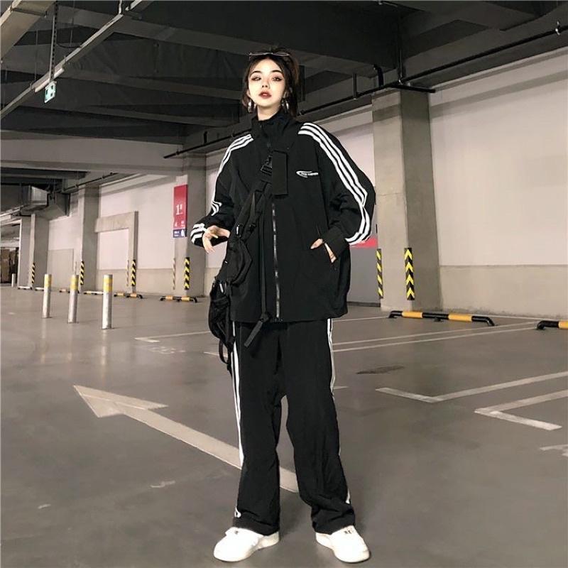 {Hottrend} Bộ Quần Áo Thể Thao 3 Sọc Dáng Rộng Phong Cách Hip Hop Hàn Quốc Thời Trang Thu Đông Cá Tính