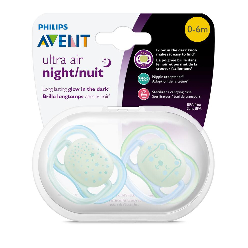 Ty ngậm ban đêm Philips Avent cho bé từ 0-6 tháng tuổi  (vỉ 2 núm) SCF376/10 - Màu ngẫu nhiên