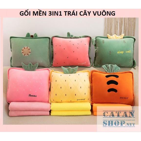 GỐI MỀN 3in1 Gối mền TRÁI CÂY VUÔNG siêu cute, nỉ nhung siêu mịn, chăn gối văn phòng, gấu bông kèm mền GM73-TraiCayVuong